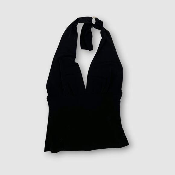 Vintage Y2k Cache Black Halter Top Deep V-Neck Silver Ring Back Tie Size Small - Picture 5 of 5